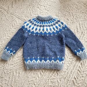 Hand-knit Icelandic Wool Blue and White Kids Sweater